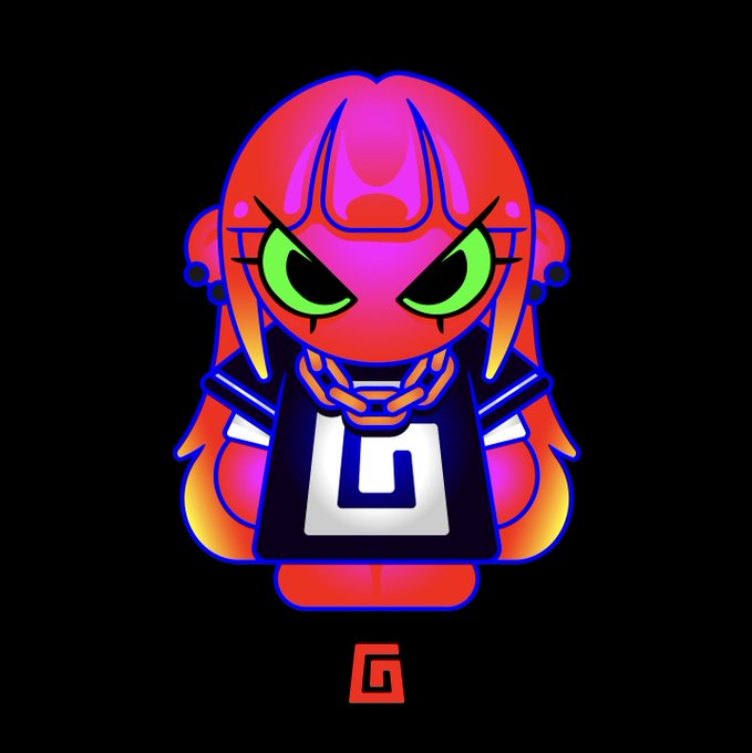 A stylized cartoon mascot character on a black background featuring a pink/red round head, green eyes, gold chain, and a black shirt with a white 'G' logo, with a red 'G' icon below.