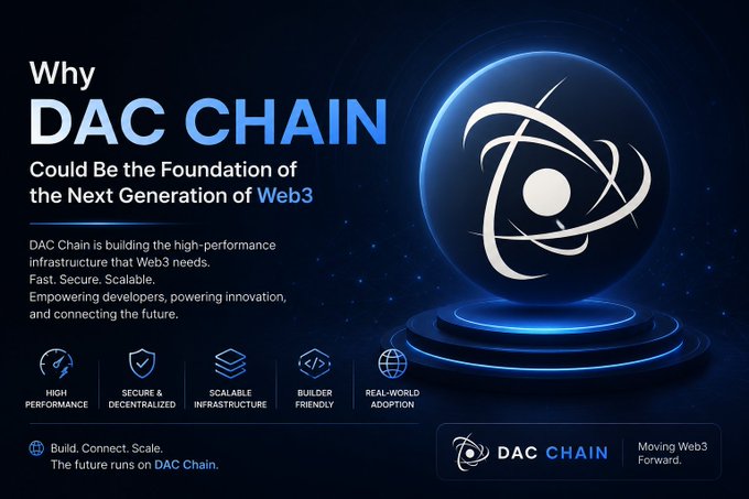 Promotional graphic for DAC Chain with the headline 'Why DAC CHAIN Could Be the Foundation of the Next Generation of Web3' and bullet points highlighting High Performance, Secure & Decentralized, Scalable Infrastructure, Builder Friendly, and Real-World Adoption.