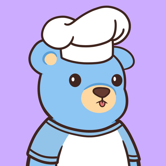 A cartoon blue bear-like character wearing a white chef’s hat against a lavender background.