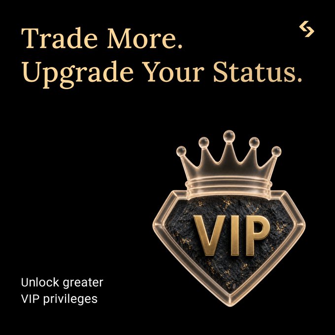 A promotional graphic featuring gold text reading 'Trade More. Upgrade Your Status.' above a crowned emblem labeled 'VIP' with 'Unlock greater VIP privileges' at the bottom.