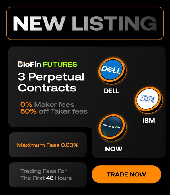 The image shows a screenshot from an email advertisement for three different perpetual contracts with various companies, such as Dell, IBM, and others, represented by logos or icons displayed against a black background. The emails appear to be promotional emails offering discounts, deals, or trade opportunities between these companies and the trading platform where they are hosted on BloFin Futures.