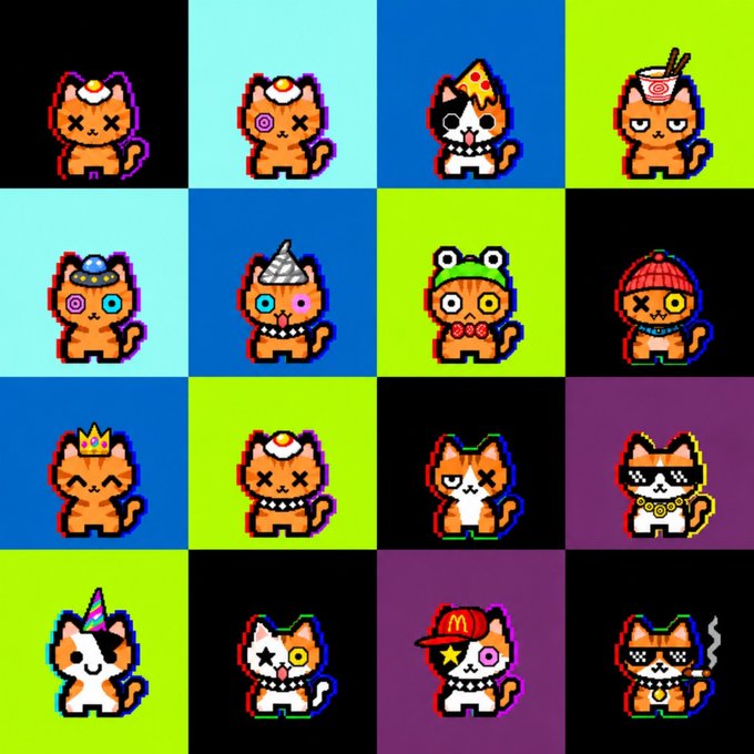 A 4x4 grid of pixel art cartoon cats in various costumes and styles, displayed against bright green, blue, black, and purple backgrounds with a glitch effect.