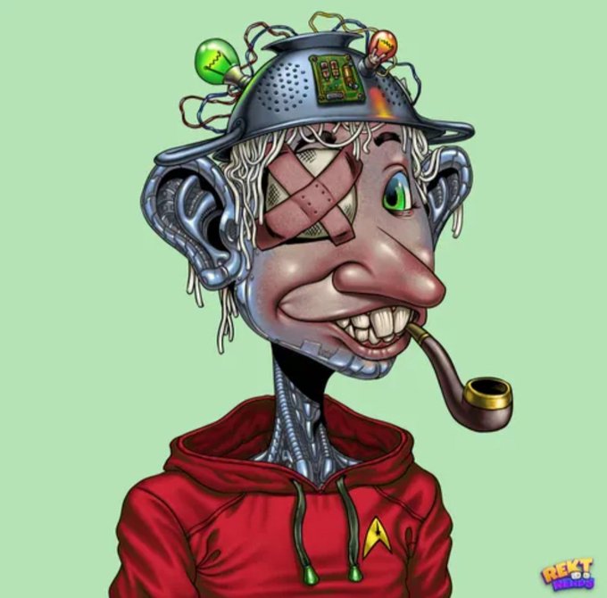 Digital cartoon illustration of a grotesque cyborg character with a metal colander-like head featuring lights, exposed wires, one green eye, bandages over the other, a large nose, and a smoking pipe, wearing a red hoodie with a Star Trek emblem, signed 'REKT BOT'.