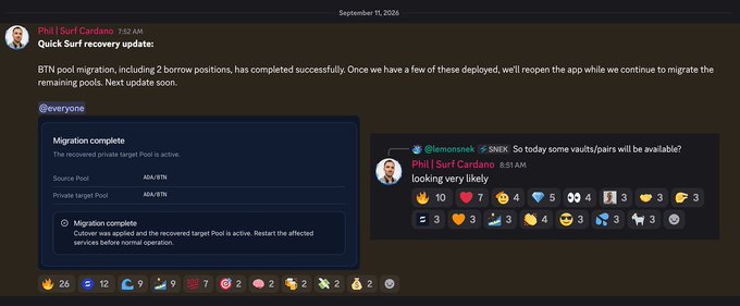 A Discord message screenshot dated September 11, 2026, from Phil | Surf Cardano providing a 'Quick Surf recovery update,' stating that BTN pool migration has completed successfully, with an embedded 'Migration complete' notice from @everyone and a reply from @lemoniezek asking about vault/pair availability.