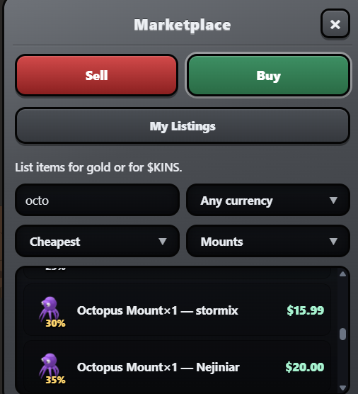 A digital marketplace interface with Sell and Buy tabs, searching for 'octo' mounts under 'Cheapest' order, showing listings for 'Octopus Mount×1' from sellers stormmix at $15.99 and Nejiniar at $20.00.