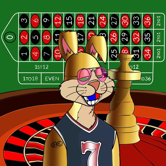 A cartoon rabbit wearing pink sunglasses and a jersey with the number 7 poses in front of a roulette board, next to a giant chess piece. The roulette numbers and betting options like "1ST12," "1TO18," and "EVEN" are visible in the background. The image symbolizes a gamble, fitting the post's question about staying bullish on NFTs despite the risk.