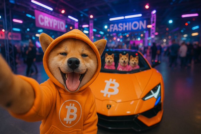 A Shiba Inu dog wearing an orange Bitcoin hoodie takes a selfie in front of an orange sports car with Bitcoin logos, with 'CRYPTO' and 'FASHION' signs in the background and three dogs in pink shirts visible in the car.