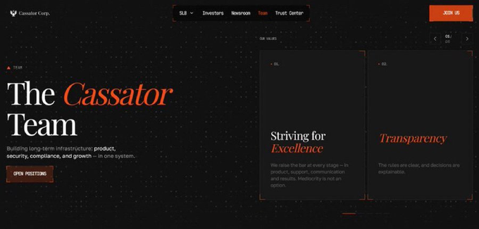 The image displays a webpage for Cassator Corp., highlighting "The Cassator Team" with a focus on "product, security, compliance, and growth," alongside core values of "Striving for Excellence" and "Transparency." The accompanying post about $SL8 staking options (30 days at 28% APY and 90 days at 38% APY) is not directly depicted in this image, as the screenshot focuses on the team's mission and values rather than staking details.