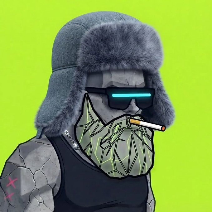An illustration of a muscular, stone-faced character wearing a fur ushanka hat, sunglasses with a blue digital visor, and a geometric mask, while smoking a cigarette against a bright green background.