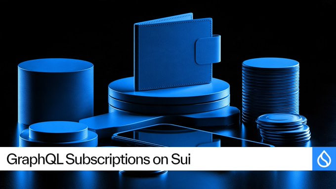 A 3D rendered graphic with a blue monochromatic color scheme shows a wallet, coins, and a card on a platform, with a banner reading "GraphQL Subscriptions on Sui."