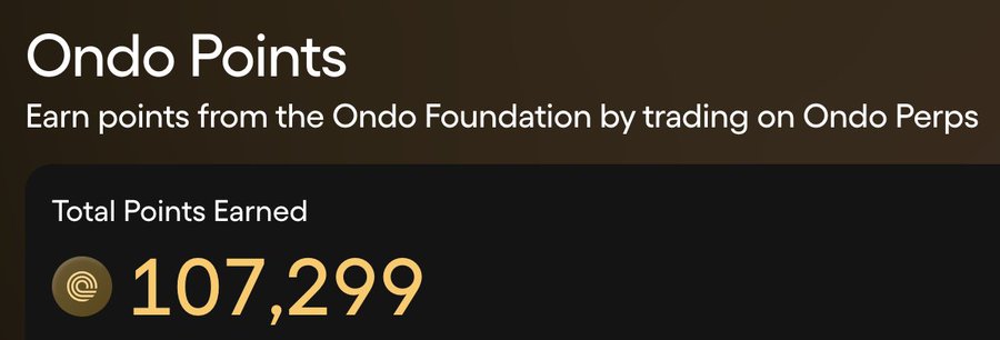 A screenshot displaying "Ondo Points" with "107,299" total points earned from trading on Ondo Perps, reflecting the poster's current points accumulation amid speculation about potential value.