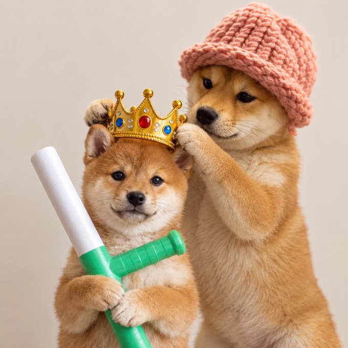 Two Shiba Inu dogs, one wearing a gold crown with colorful gems and holding a green and white toy bat, while the other wears a pink knitted beanie and appears to be adjusting the crown.