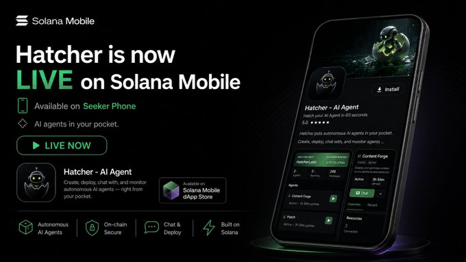 The image shows a cell phone with an advertisement for HATCHER, which is available on both the Play Store and the App Store.
3. The text on the image reads "HATCHER is now live on Solana Mobile". Focus on what this means in relation to the image.