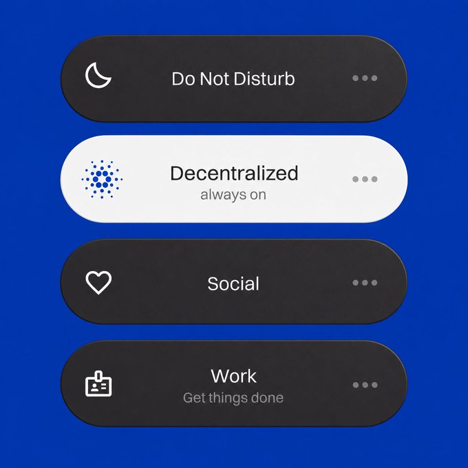 The image shows a smartphone interface displaying four notification mode options against a blue background: "Do Not Disturb" (with a moon icon), "Decentralized - always on" (highlighted in white with a blue clustered dot icon), "Social" (with a heart icon), and "Work - Get things done" (with an ID badge icon). The selected "Decentralized - always on" mode visually reinforces the post's tagline by demonstrating it as an active, always-available setting choice among standard phone modes.