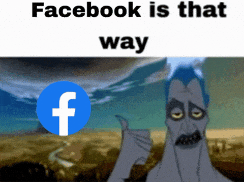 A meme with the text 'Facebook is that way' above a sad-looking cartoon character (from The Lion King) pointing, with the Facebook logo positioned where the character is pointing.