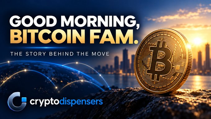 A 'Good Morning, Bitcoin Fam' banner features a golden Bitcoin coin on rocks with a city skyline at sunset, branded 'cryptodispensers' with the tagline 'The Story Behind The Move'.