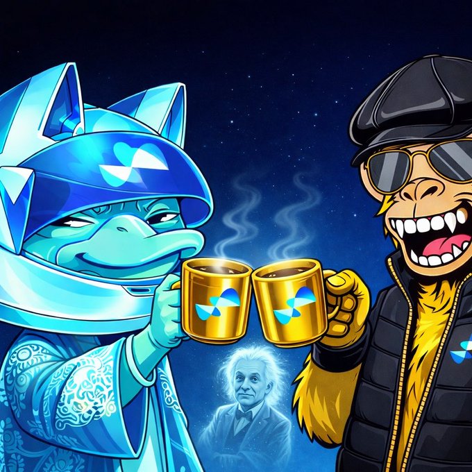 The image features two cartoon characters, a frog wearing a blue helmet and holding a coffee cup, and another character wearing a black hat and also holding a coffee cup. The text above them reads "Coffee Time with @quipnetwork Day 5 Conviction: the @quipnetwork thesis in one sentence: every chain will eventually need post-quantum security whether they know it yet or not and Quip is building that layer while simultaneously solving real optimization problems with".