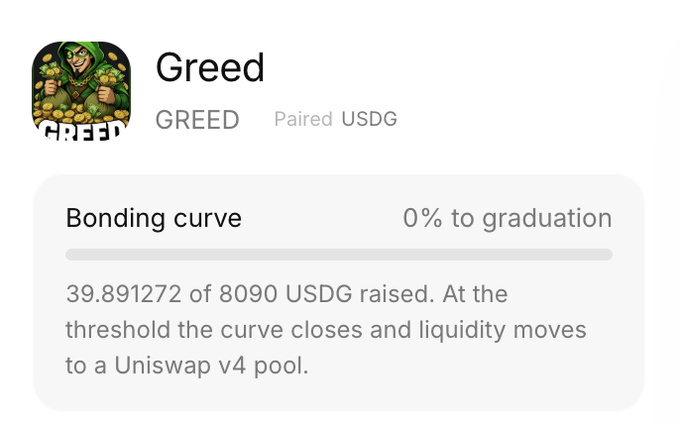 A token profile page for 'Greed' (GREED) paired with USDG, showing 39.891272 of 8090 USDG raised at 0% to graduation, with a logo depicting a hooded figure holding gold coins.