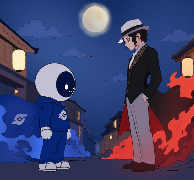 An anime-style illustration showing a small round white character in a blue cape facing a tall man in a suit and hat under a full moon, with flames and traditional buildings in the background.