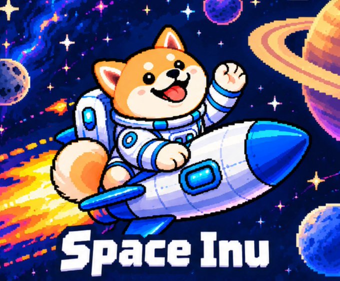 A pixel art illustration of a smiling Shiba Inu dog in an astronaut suit riding a rocket through space, with the text 'Space Inu' displayed below.