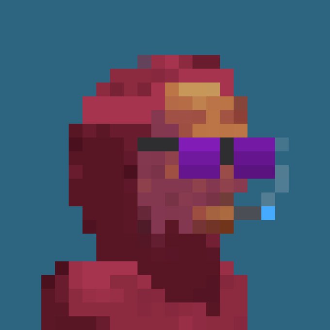 A pixel art portrait of a person wearing red/orange clothing and purple sunglasses, rendered in a blocky retro style against a teal background.