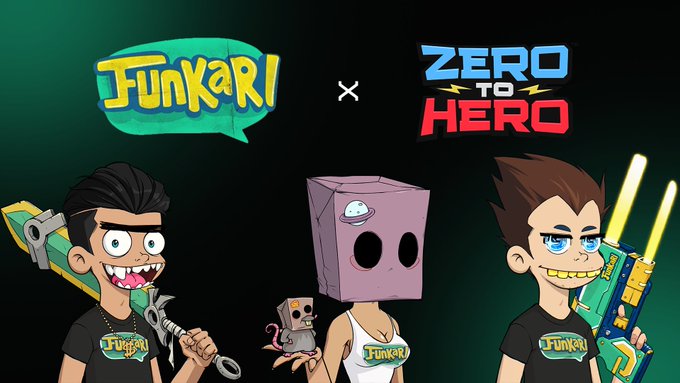 A promotional graphic features the 'Funkari x Zero to Hero' collaboration, displaying cartoon characters including one wearing a pink box on its head and another holding a futuristic gun.