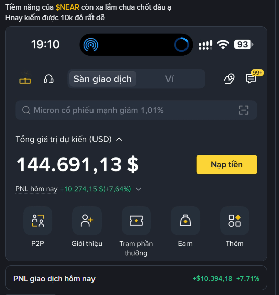 A Binance mobile app screenshot showing a portfolio value of $144,691.13 with a daily PNL of +$10,274.15 (+7.64%), with text mentioning $NEAR.