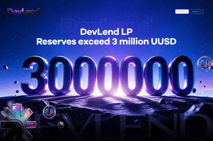 A promotional graphic for DevLend featuring a cosmic landscape with the headline 'DevLend LP Reserves exceed 3 million UUSD' and a large 3D-rendered number '3000000' floating above the terrain.