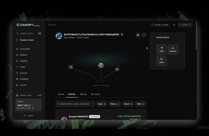 Screenshot of the Canopy Terminal wallet interface showing a main wallet address and various quick action buttons like Send, Receive, and Stake.