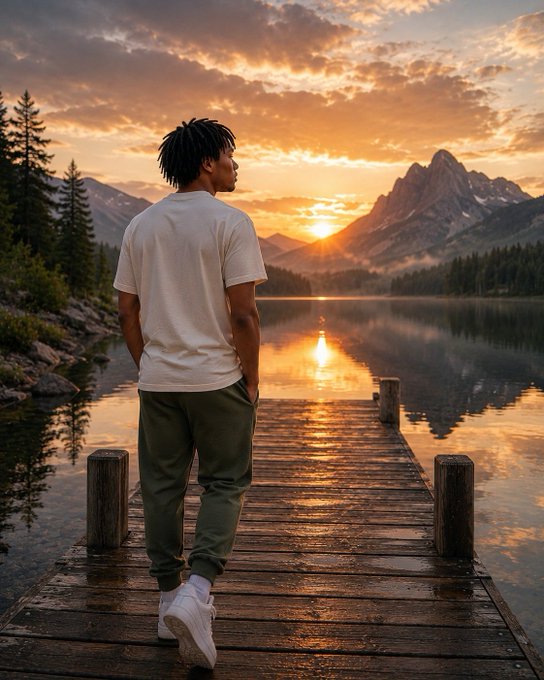 A man with dreadlocks stands on a wooden dock, gazing at a sunset over a calm lake surrounded by mountains and pine trees.