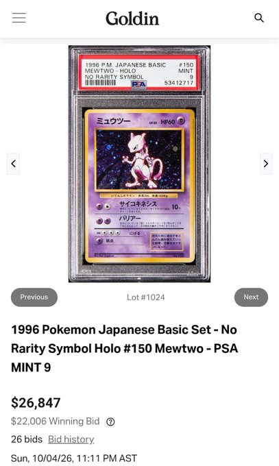 A Goldin auction listing for a 1996 Pokemon Japanese Basic Set - No Rarity Symbol Holo #150 Mewtwo - PSA MINT 9, showing a final price of $26,847 with a winning bid of $22,006 from an auction ending 10/04/26.