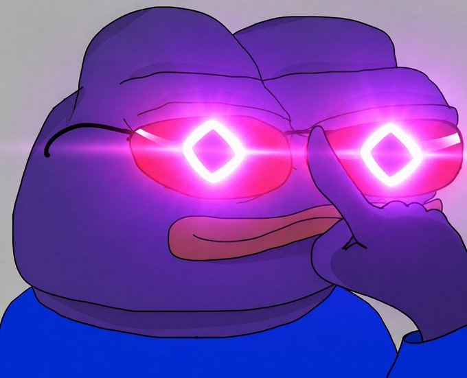 The image features a cartoon frog wearing purple glasses with pink lights inside them. The frog has its hand raised above its face, as if pointing or gesturing towards something out of frame. The background appears to be white, which contrasts with the vibrant colors of the frog's glasses and highlights it in the image.
