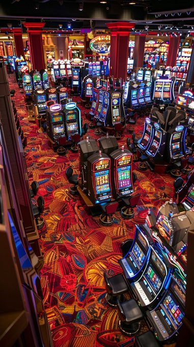 High-angle view of a casino floor filled with rows of brightly lit slot machines on a colorful patterned red and gold carpet.