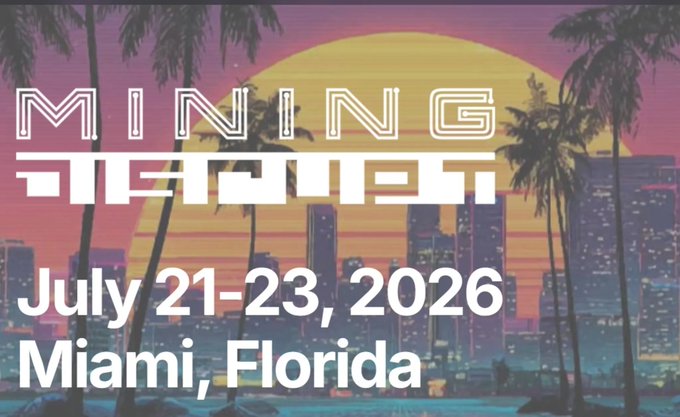 A retro synthwave-style promotional image for 'MINING FIESTA' event taking place July 21-23, 2026 in Miami, Florida, featuring palm trees and a neon sunset over a city skyline.