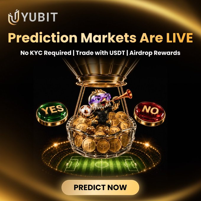 The image features a gold foil balloon filled with gold coins, which is floating above a soccer field. The text "Prediction Markets are officially LIVE" is displayed at the top of the image. Below this, there are three buttons labeled "YES", "NO", and "NO". These buttons are associated with predicting match outcomes for the World Cup. The background of the image is black, which contrasts with the gold foil balloon filled with gold coins on a green soccer field.
