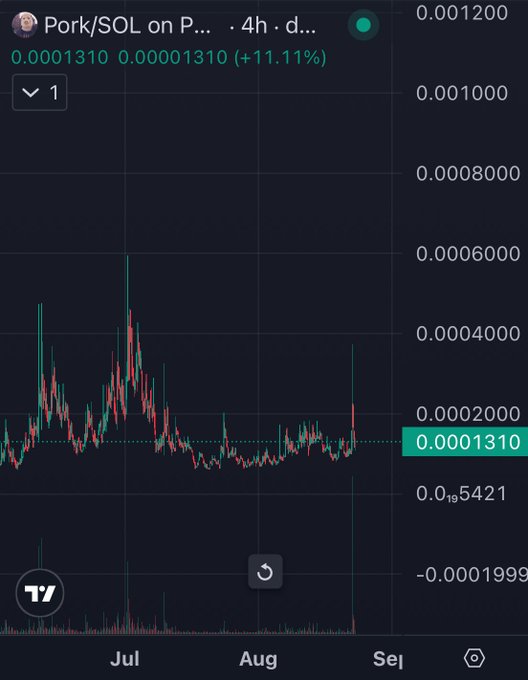 A TradingView candlestick chart for the token PORK/SOL showing a current price of 0.0001310 with a +11.11% gain over a 4-hour timeframe.