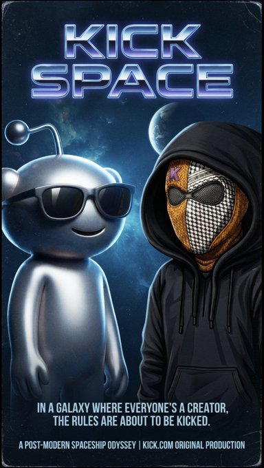 Promotional poster titled "KICK SPACE" featuring a silver alien with sunglasses and a hooded figure in a metallic mask, with the tagline "IN A GALAXY WHERE EVERYONE'S A CREATOR, THE RULES ARE ABOUT TO BE KICKED." A post-modern spaceship odyssey | KICK.COM ORIGINAL PRODUCTION.