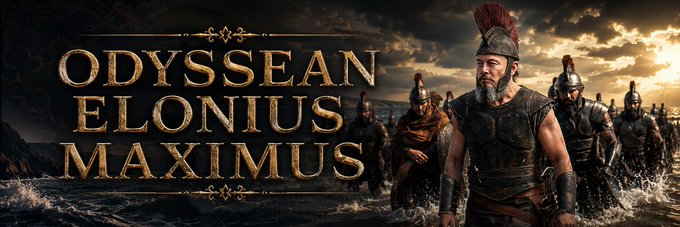 The banner image showcases "ODYSSEAN ELONIUS MAXIMUS" with a group of warriors wading through the ocean, reflecting the text's epic and heroic theme.
