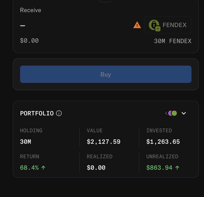 A cryptocurrency trading interface showing a FENDEX token purchase screen with a portfolio holding 30M tokens, valued at $2,127.59 with a 68.4% return and $863.94 unrealized gain.