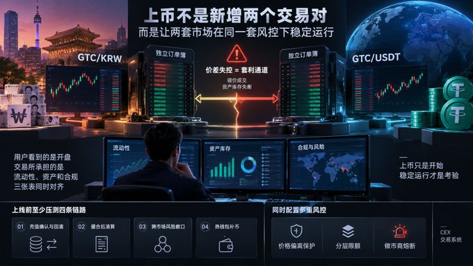 A Chinese-language promotional graphic about cryptocurrency market making, showing a person monitoring multiple trading screens with GTC/KRW and GTC/USDT pair order books, emphasizing that listing is just the beginning and stable operation is the real test.