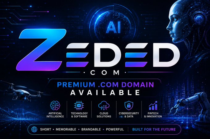A promotional graphic for 'ZEDED.COM' advertising a premium .com domain available, with themes of artificial intelligence, technology, cloud solutions, cybersecurity, and fintech.