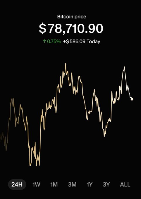 A cryptocurrency price chart on a dark background showing Bitcoin at $78,710.90, up 0.75% (+$586.09) for the day, with selectable timeframes of 24H, 1W, 1M, 3M, 1Y, 3Y, and ALL.