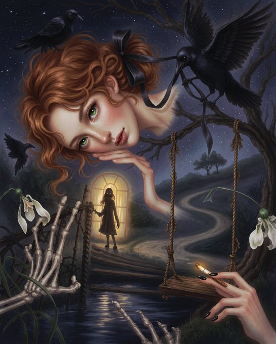 A surreal fantasy illustration depicting a giant red-haired woman peering down at a small figure standing in a glowing doorway, with crows perched on a tree branch, skeleton hands in the foreground, and a hand holding a cigarette lighter.