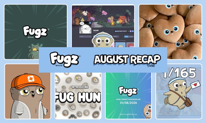 A promotional graphic titled "Fugz AUGUST RECAP" displays various game screenshots and character art against a light blue background.