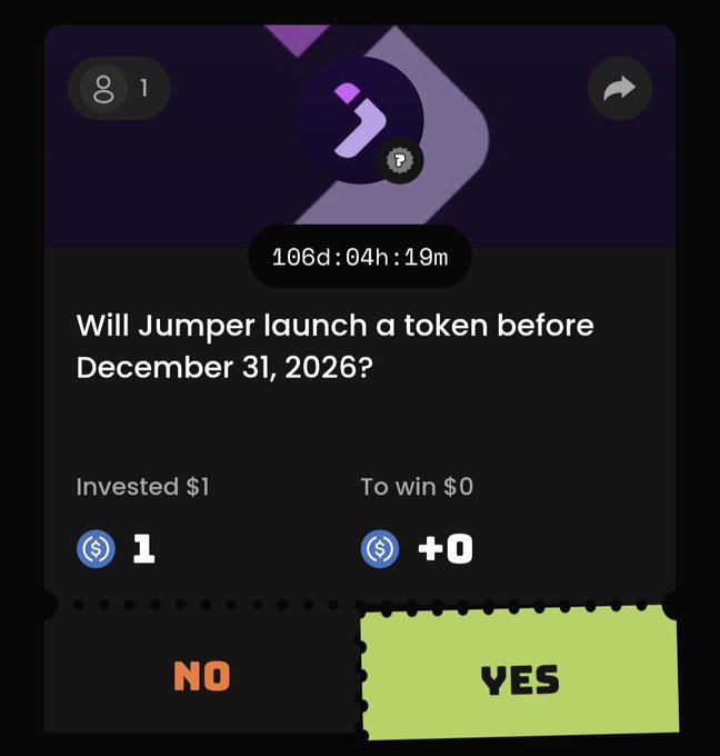 A prediction market interface showing a question: 'Will Jumper launch a token before December 31, 2026?' with options 'NO' and 'YES', showing 1 investor invested $1 to win $0.