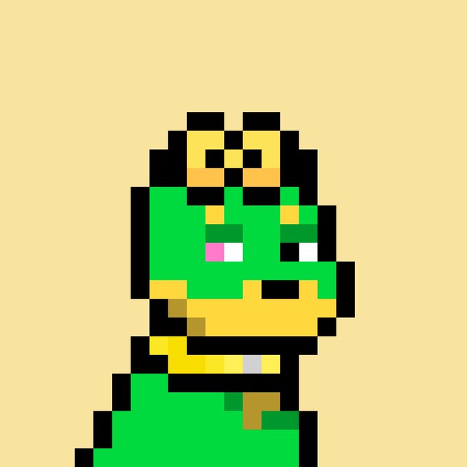A pixel art image of a green and yellow dinosaur character with sharp teeth, set against a solid beige background.