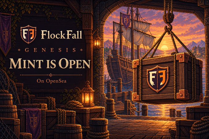 A pixel-art style harbor scene showcases the FlockFall Genesis logo above an announcement reading "MINT IS OPEN" and "On OpenSea," with a large wooden chest bearing the FlockFall crest being lifted by rope in the foreground. The post about minting a FlockFall Genesis directly corresponds to the image's promotion of the collection's mint launch on OpenSea.