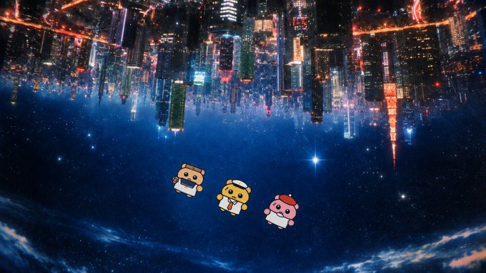 Three small cartoon bears in spacesuits float in a starry cosmos beneath an upside-down cityscape glowing with neon lights, visually evoking a "to the moon" rocket trajectory. The image playfully ties into the post's promotion for a Robinhood airdrop, suggesting the rewards are about to blast off.