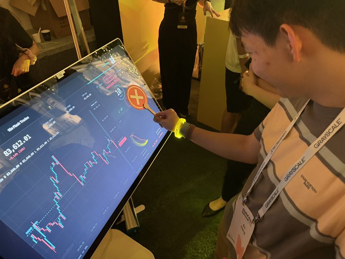 A young man wearing a "GRAYSCALE" lanyard playfully holds a red "X" sign up to a large screen displaying a Bitcoin price chart showing BTC at $8,612.01 with a sharp downward trend, humorously taking credit for crashing the crypto market.