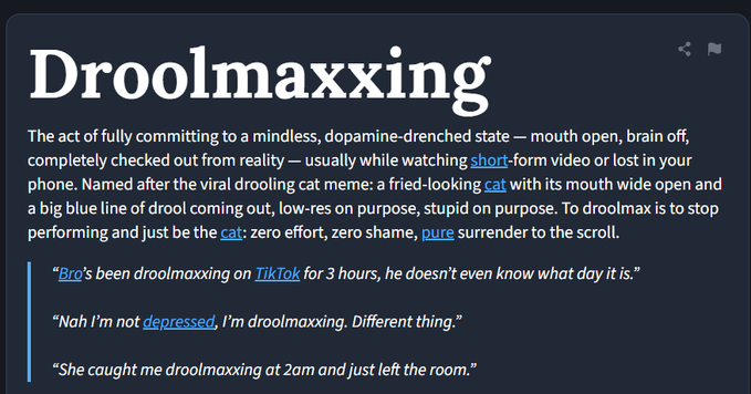 A dictionary-style definition card for the slang term "Droolmaxxing," describing it as a mindless state of scrolling short-form video, complete with example quotes.